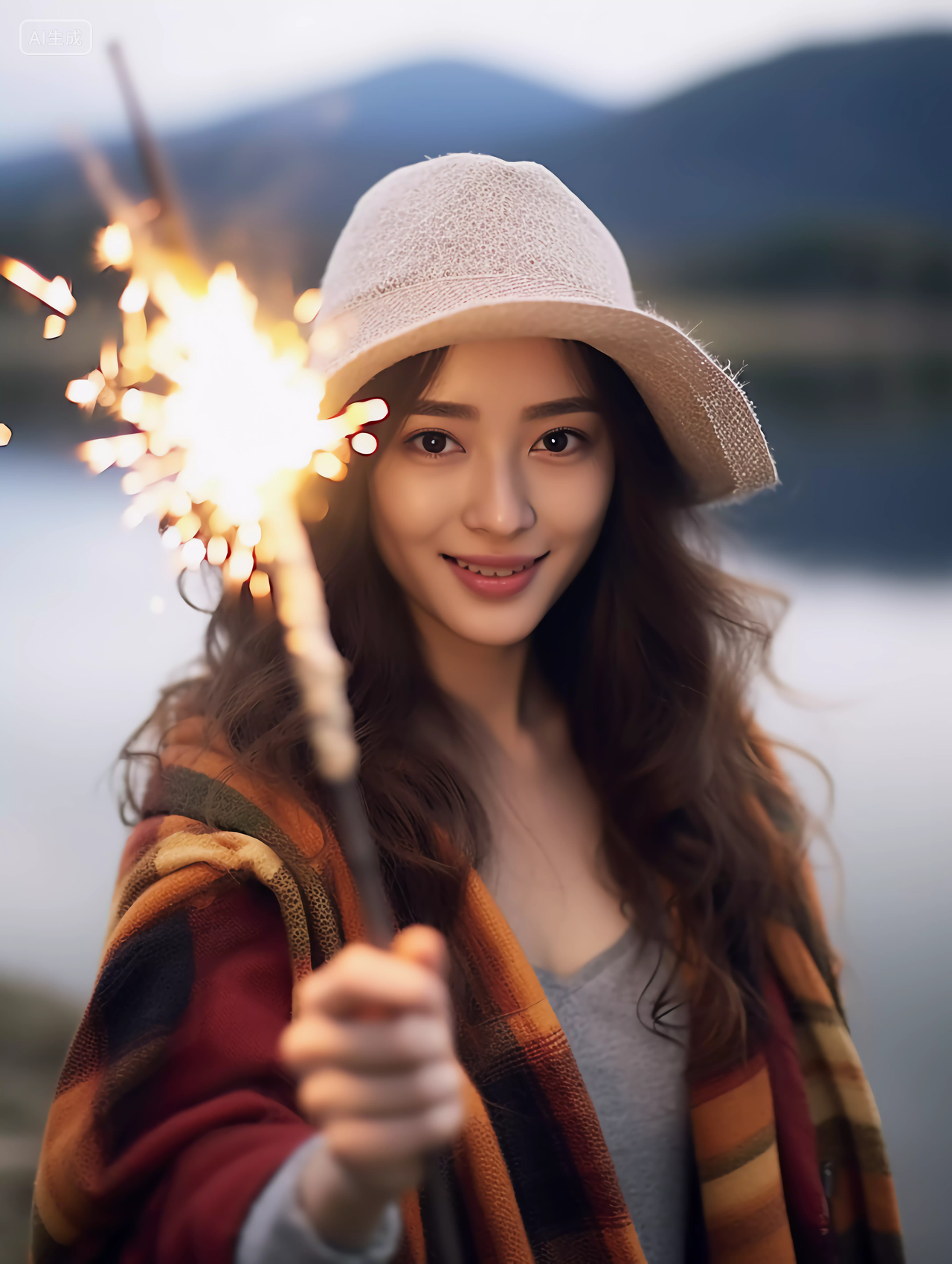 漂亮美女在夜晚放仙女棒玩烟花浪漫场景庆祝喜庆节唯美壁纸