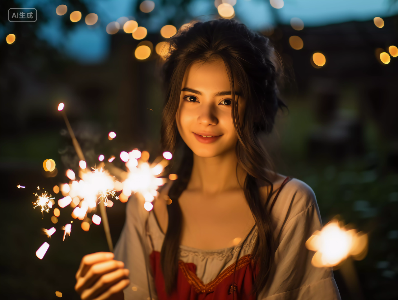 漂亮美女在夜晚放仙女棒玩烟花浪漫场景庆祝喜庆国庆节唯美壁纸