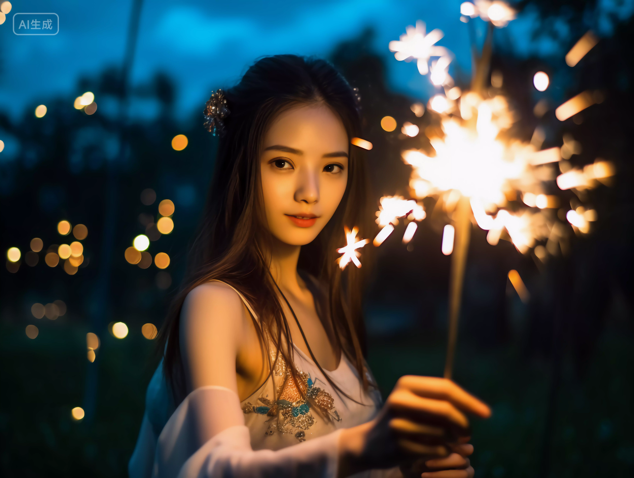 漂亮美女在夜晚放仙女棒玩烟花浪漫场景庆祝喜庆国庆节唯美壁纸