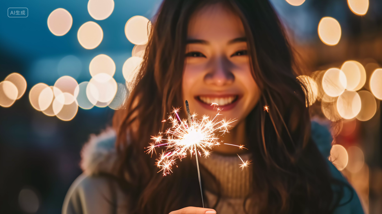 漂亮美女在夜晚放仙女棒玩烟花浪漫场景庆祝喜庆国庆节唯美壁纸