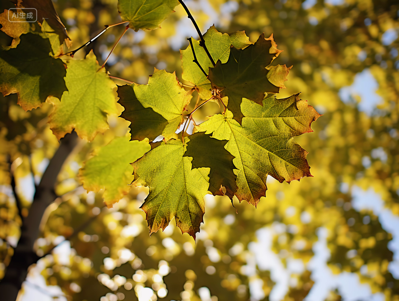 阳光透过梧桐叶照下来法国梧桐叶特写秋天深秋的梧桐树梧桐叶法国梧桐浪漫壁纸风景