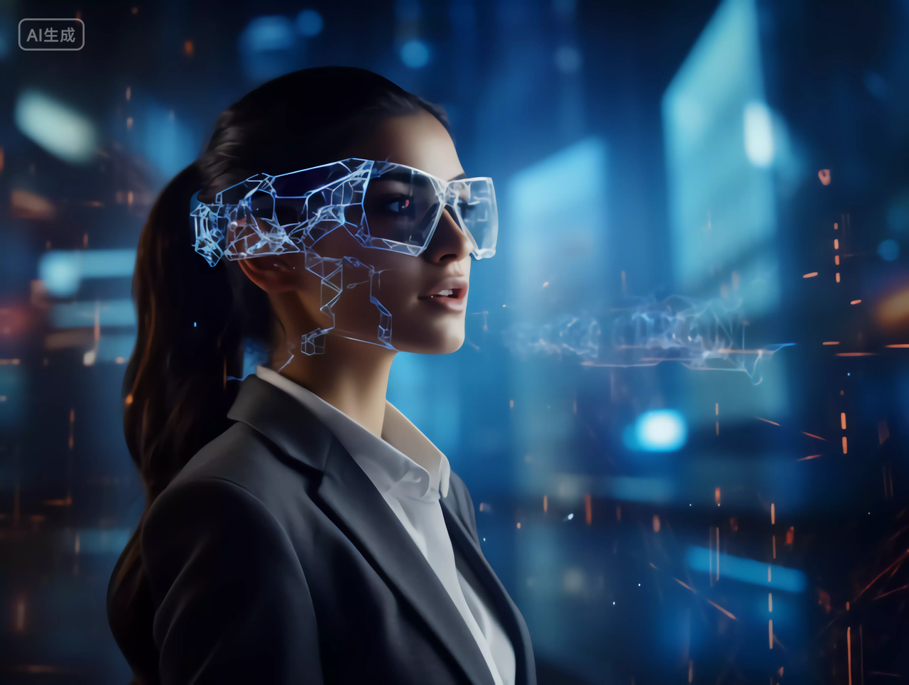 未来商务女性佩戴VR工作大数据场景