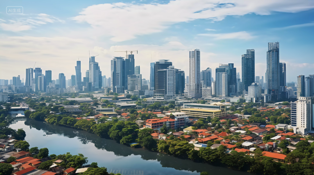 蓝天下的城市全景印度尼西亚城市俯瞰图雅加达城市建筑图城市建筑高楼大厦大城市商业建筑