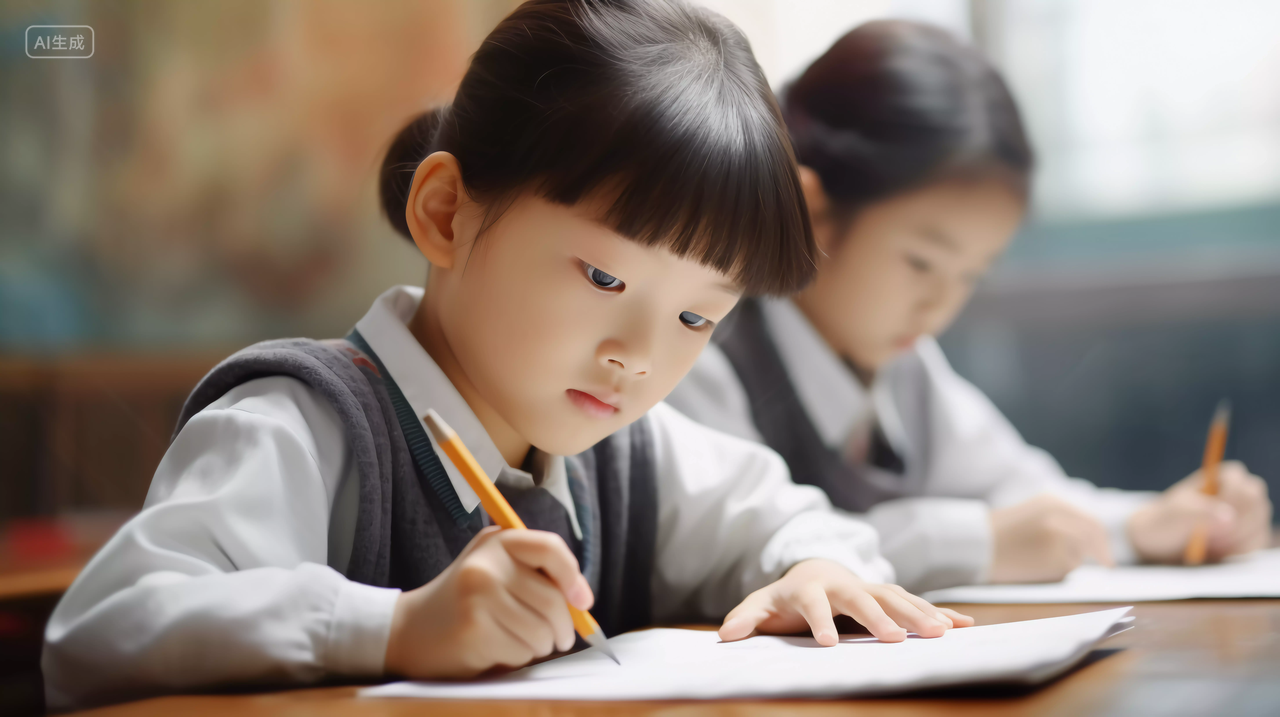 小学生手拿笔坐在课桌书桌写作业学校校园黑板课桌座位开学季教育学生学习成长