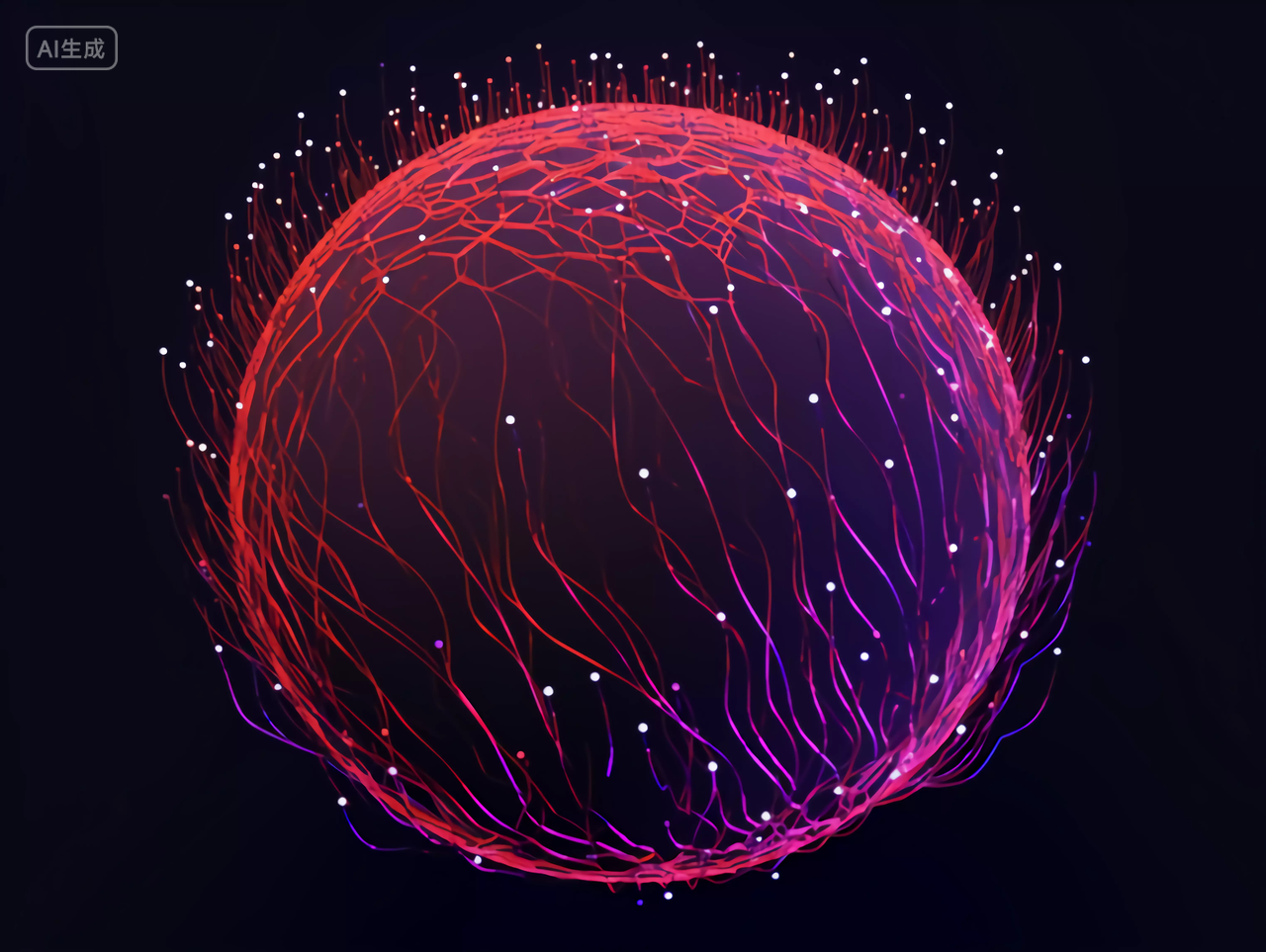 红色紫色向上延伸缠绕的血管状线条科技圆球数据概念图