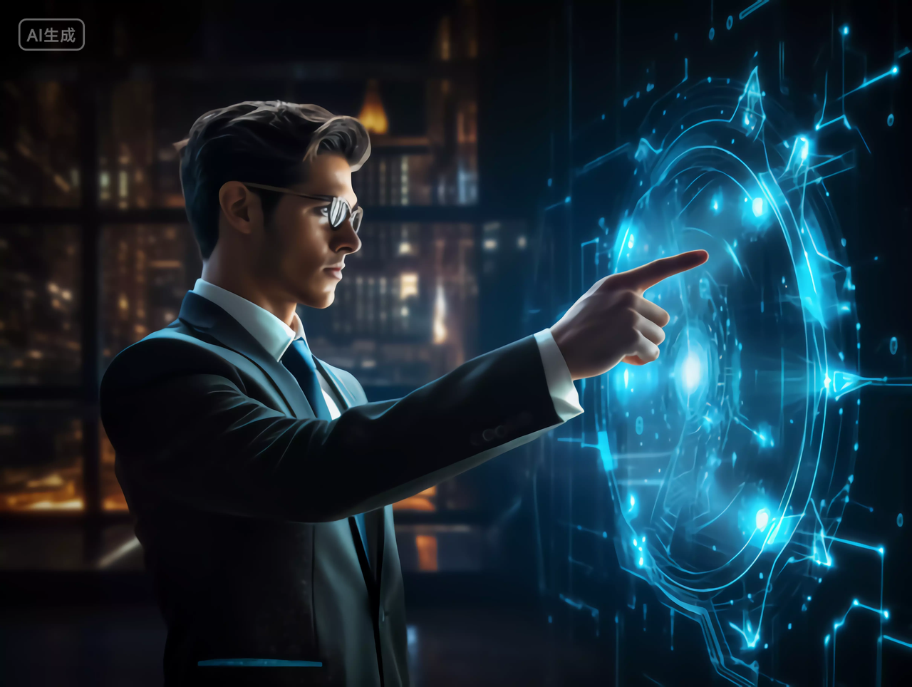 未来商务男性通过全息投影大数据工作场景