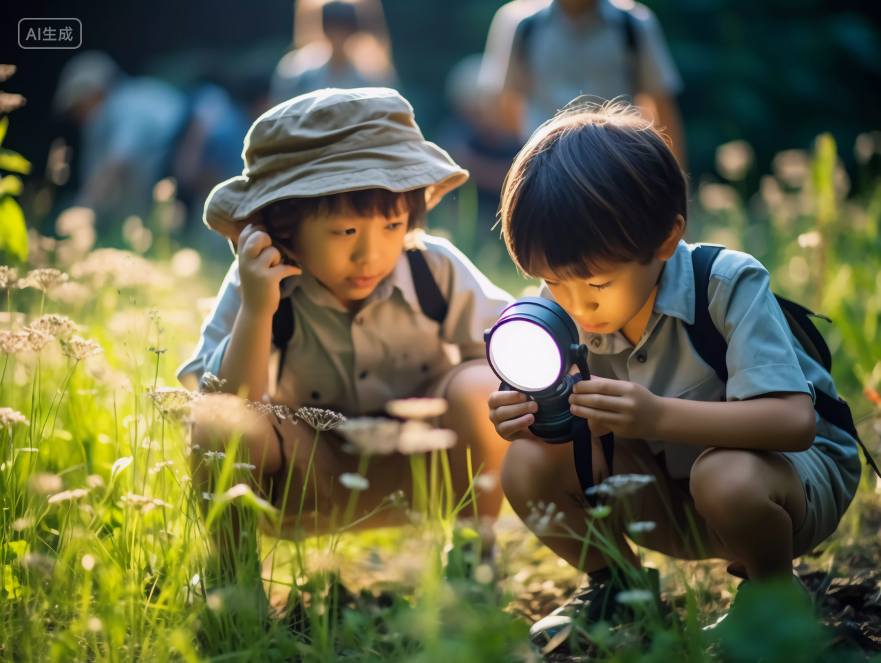 儿童小学生在野外探索自然的探索家发现自然探索未知户外活动学校校园开学季教育学生学习成长