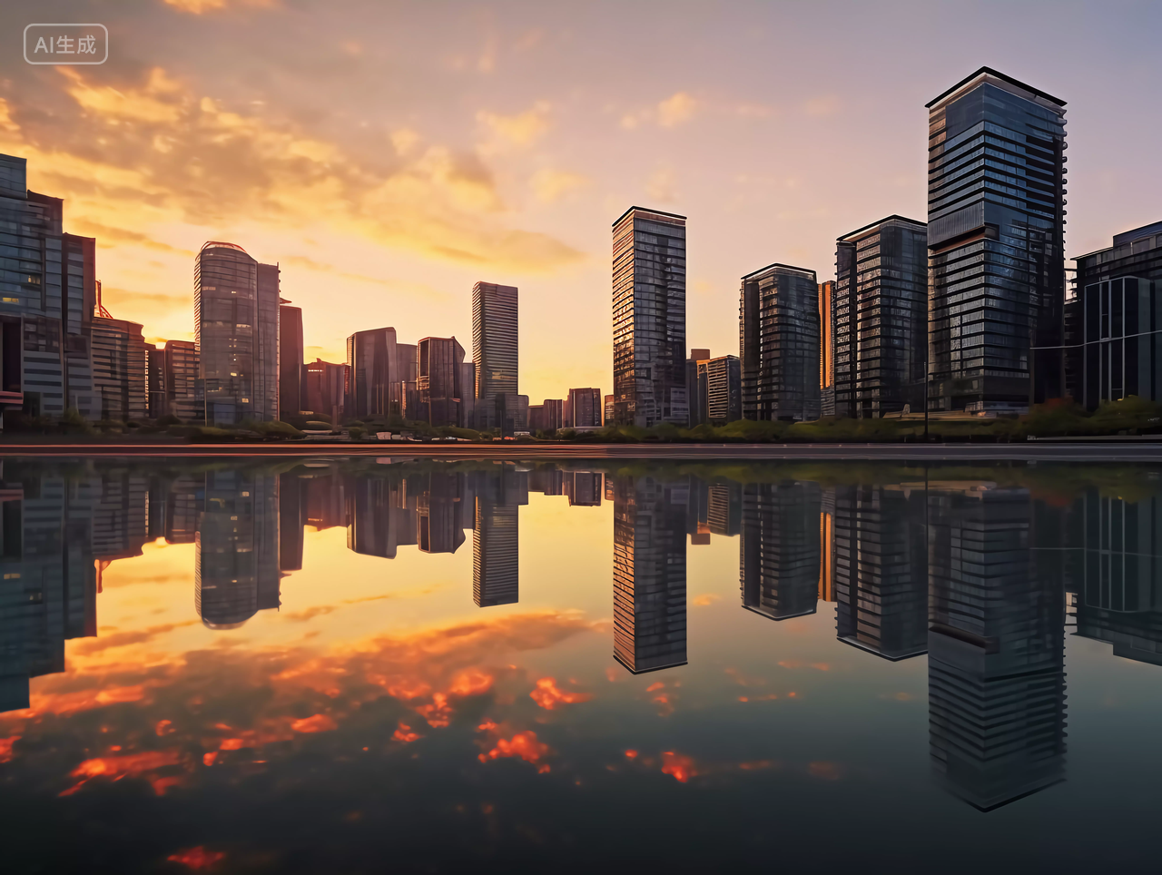 房子落日余晖下的城市楼房建筑湖水房子高楼大厦房屋居住房地产摩天大楼都市风景