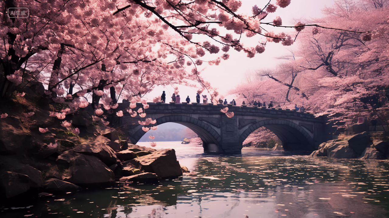 盛开的樱花树樱花飘落与与阳光下的中式古风石桥浪漫风景唯美壁纸