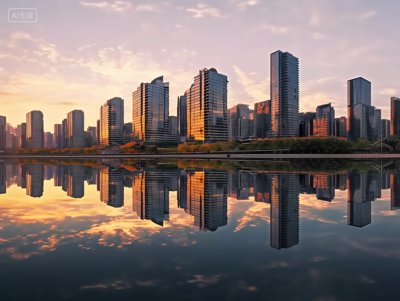 房子落日余晖下的城市楼房建筑湖水房子高楼大厦房屋居住房地产摩天大楼都市风景