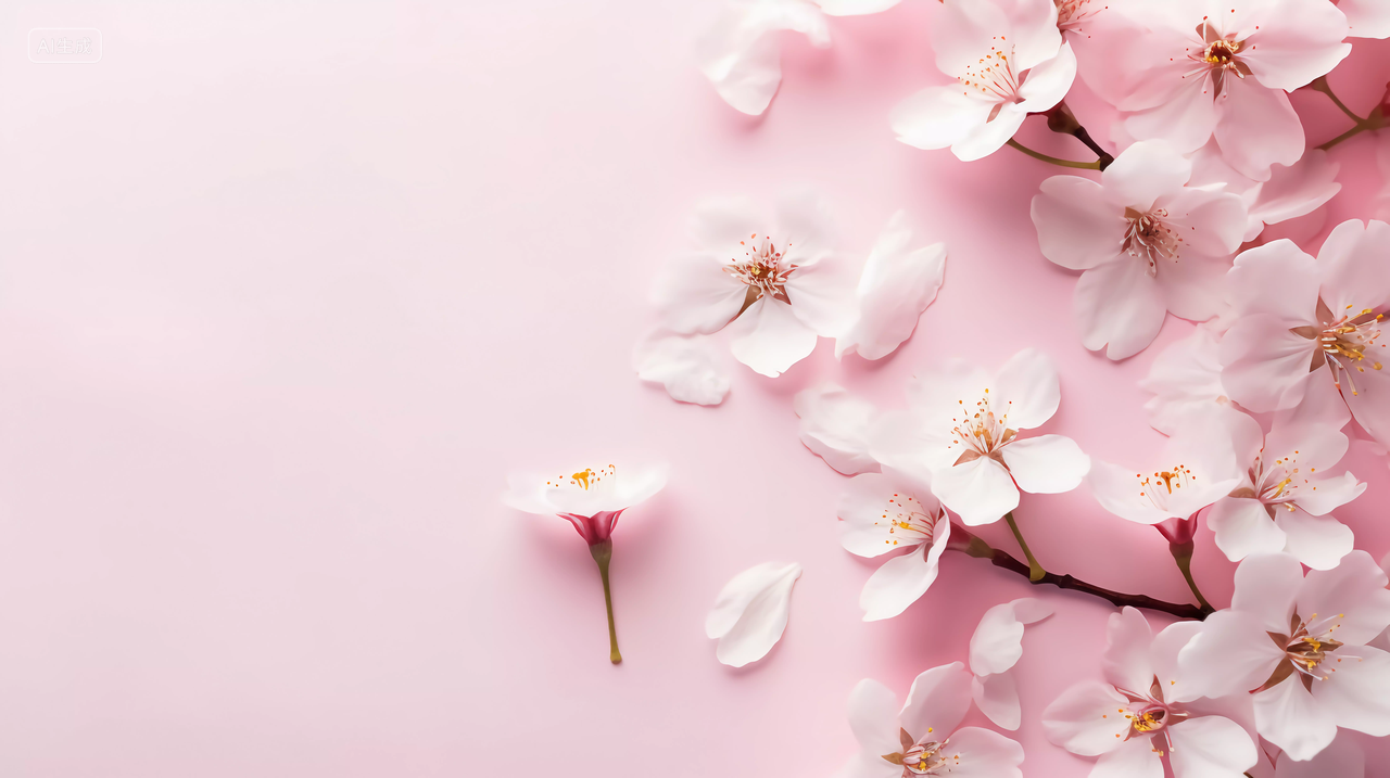 粉红樱花瓣散落在桌面上