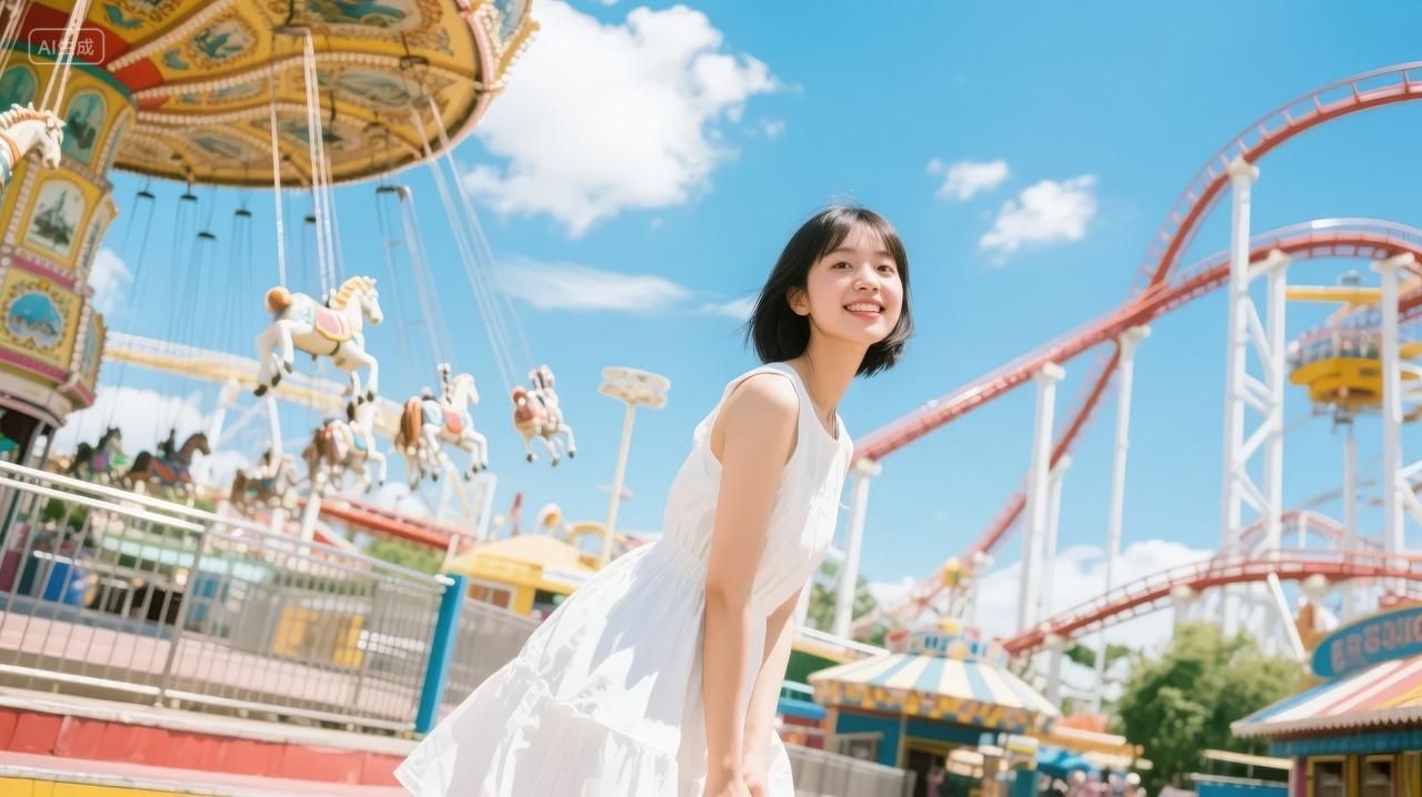 女孩游乐园旋转木马夏日旅行快乐背景图