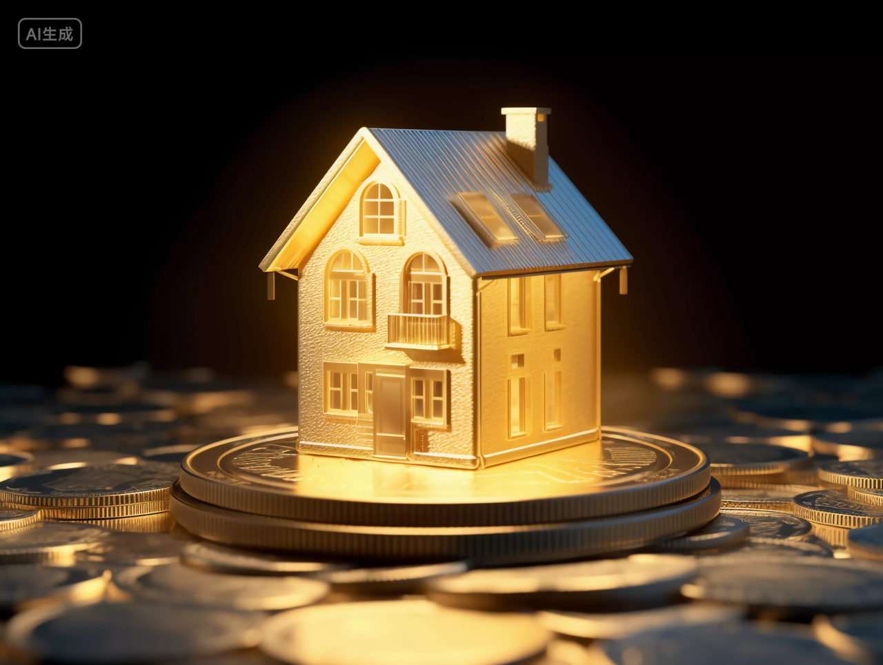 黄色金币上的发光的房子金属质感房子模型的创意广告图房子高楼大厦房屋居住房地产摩天大楼都市风景