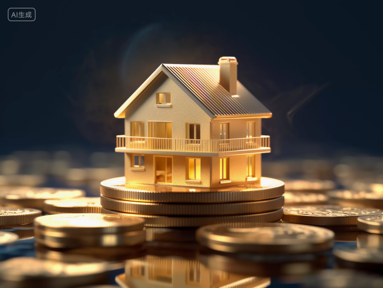 黄色金币上的发光的房子金属质感房子模型的创意广告图房子房屋居住房地产摩天大楼都市风景