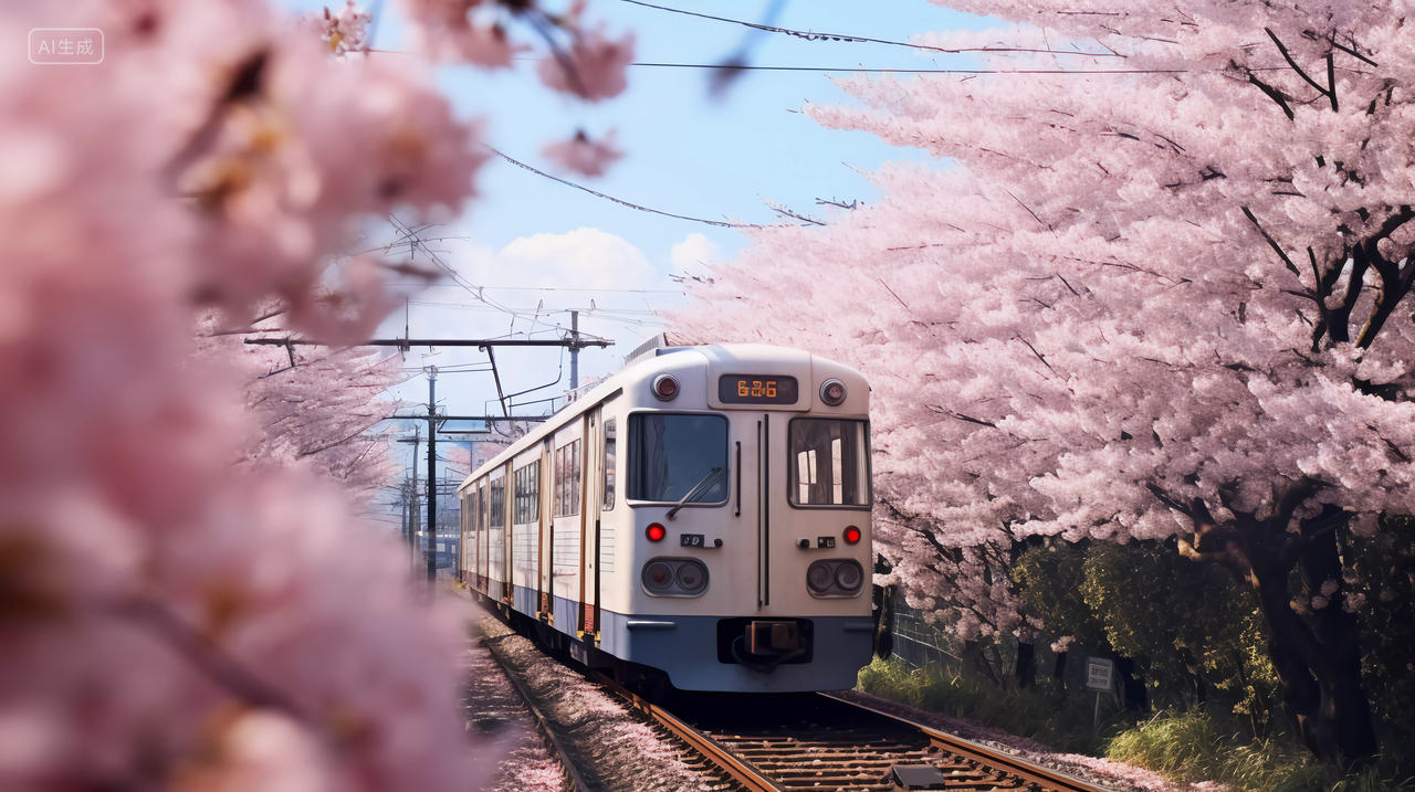 一列火车经过樱花树浪漫意境风景唯美壁纸
