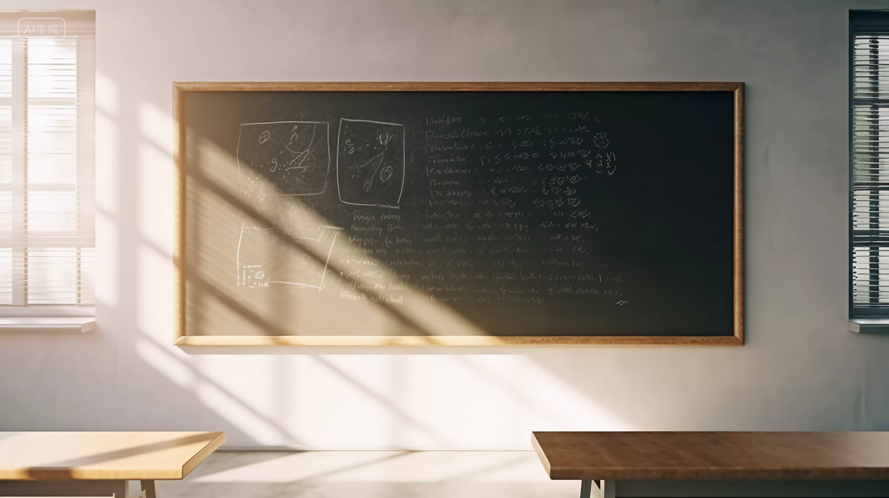 阳光照射在教室的黑板上阳光绿色黑板开学季教育上课知识公告板擦粉笔字