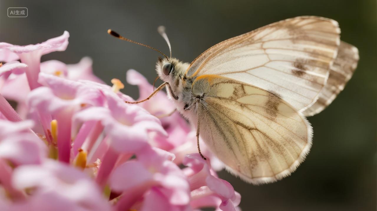 蝴蝶落在粉色花朵上采蜜春夏自然生态背景