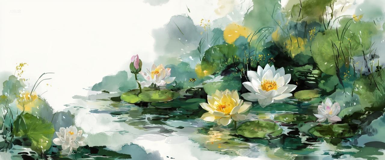 一片水彩画荷花山水二十四节气小暑海报背景