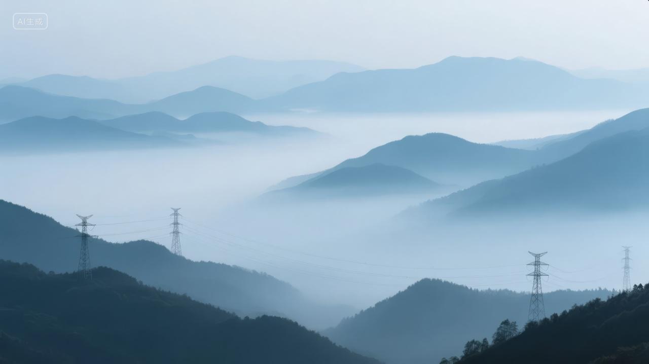 水墨山水云雾缭绕远山输电塔意境背景