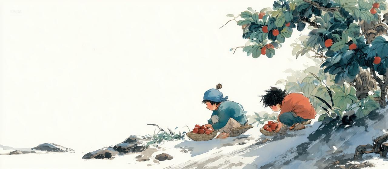 两个儿童在捡果子夏天二十四节气小暑国潮风海报背景