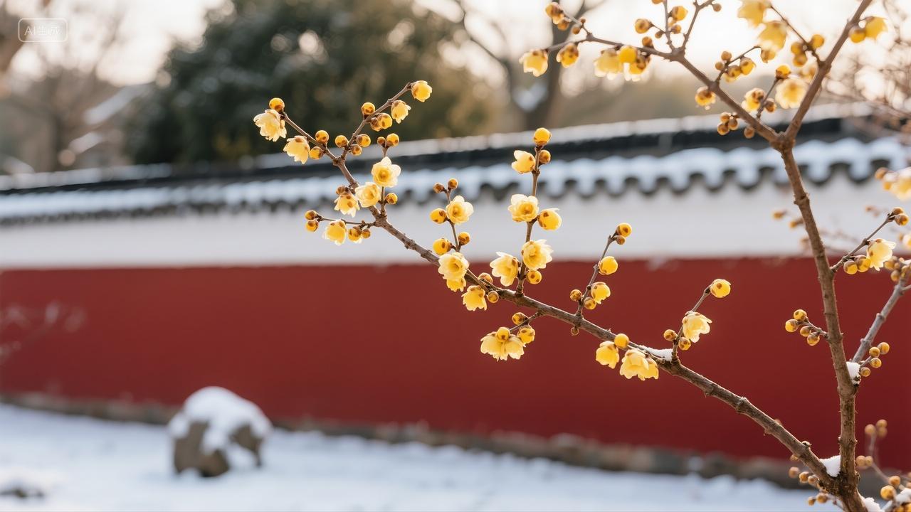 红墙外冬日腊梅绽放江苏苏州公园景观