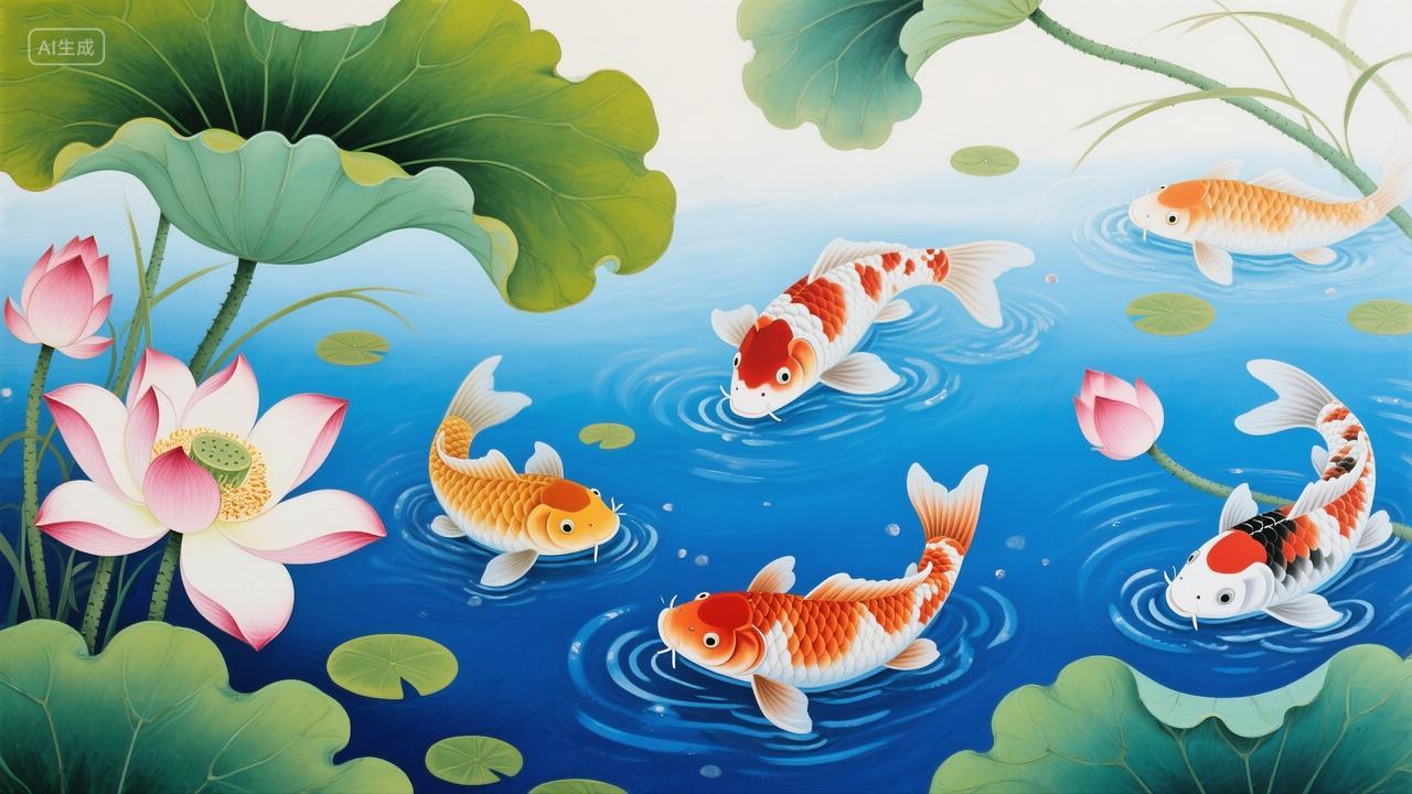 插画-荷花-鲤鱼戏水