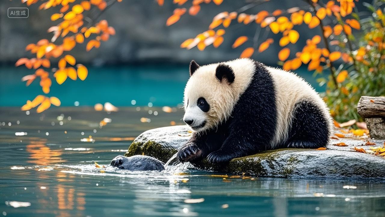 水边休憩的大熊猫