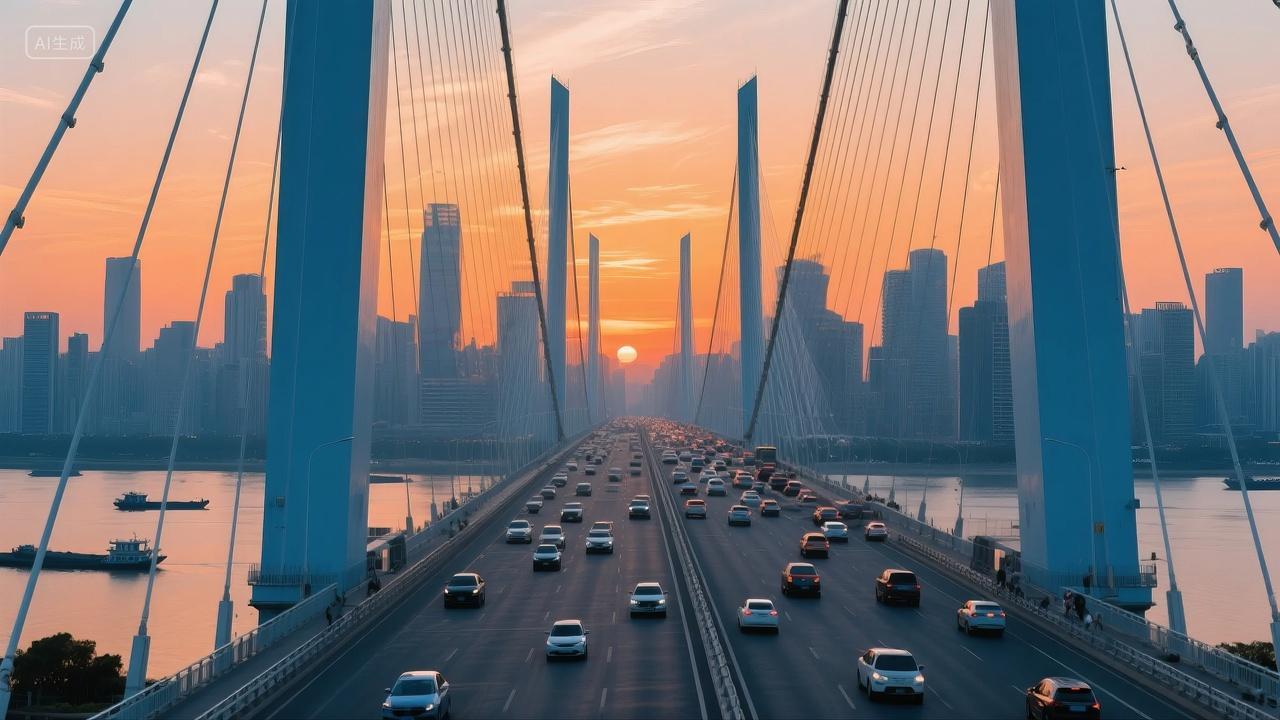 城市桥梁日落黄昏交通晚高峰商务背景图