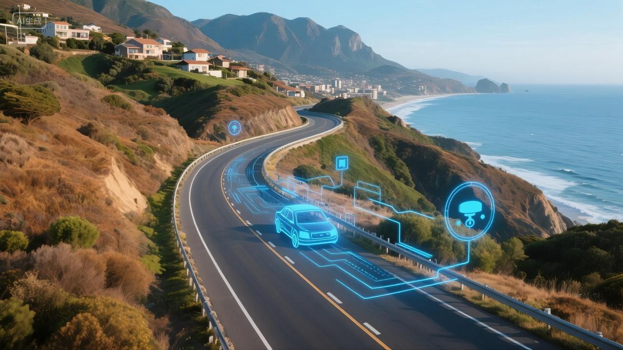 未来科技自动驾驶汽车沿海公路旅行背景