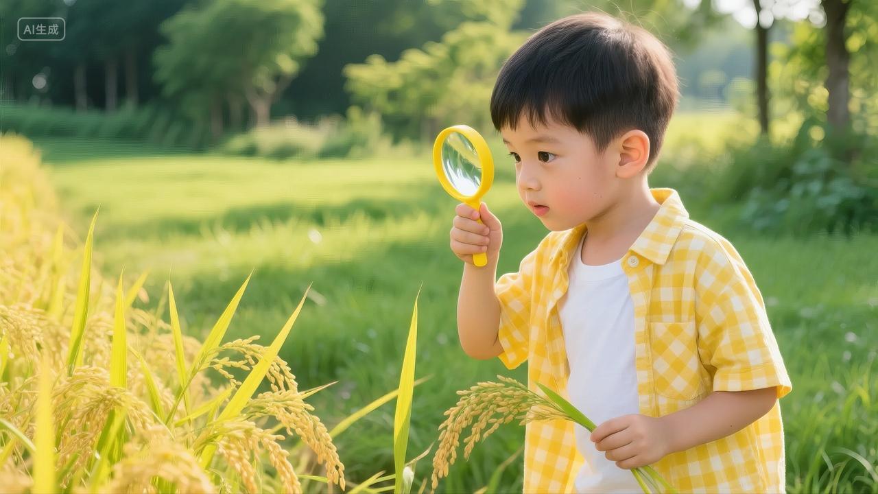 立秋节气男孩稻田观察自然科学教育背景