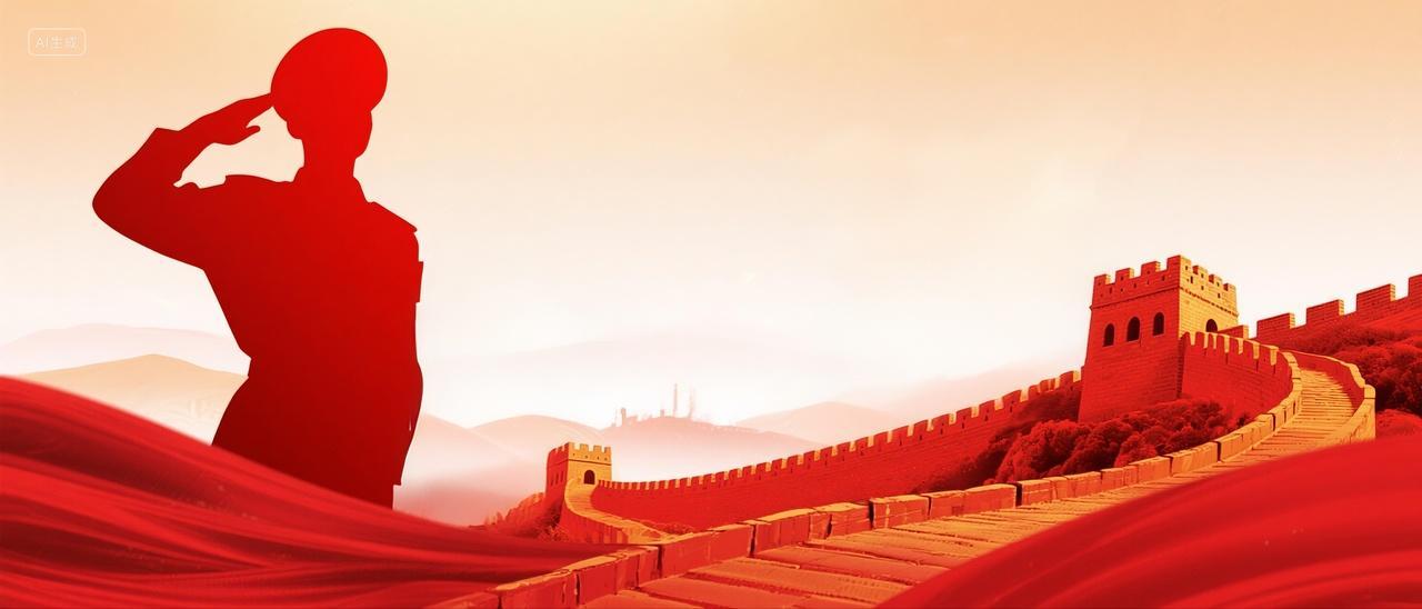 八一节建军节军人剪影长城红色背景