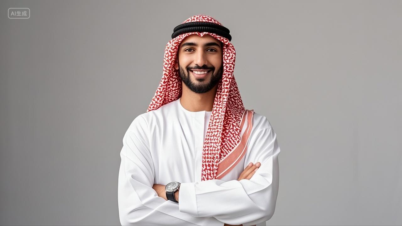 阿拉伯男子微笑双臂交叉特写