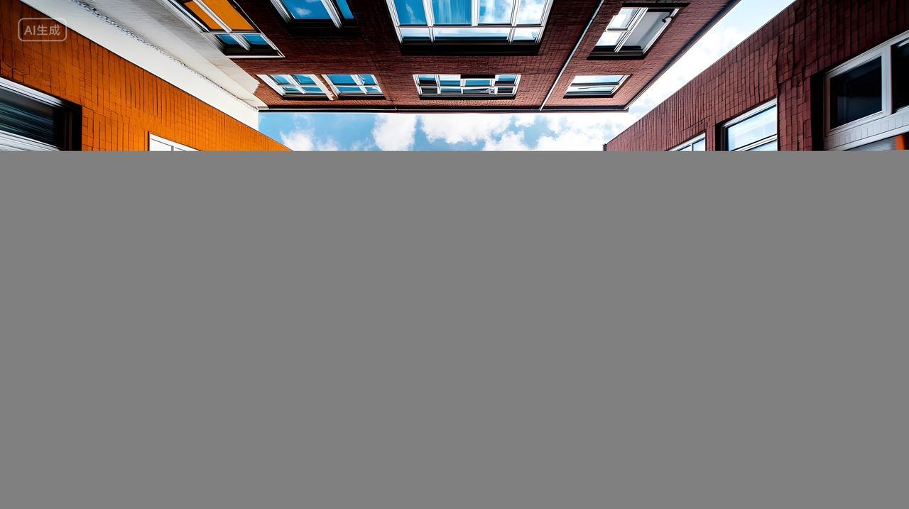 仰拍彩色建筑围合的天空呈现几何对称美