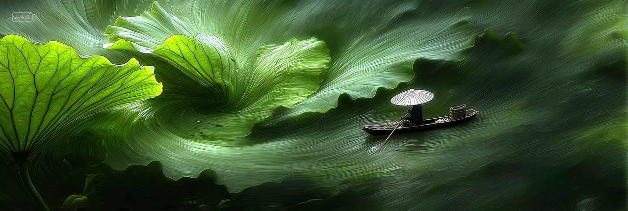 绿漩禅舟动态叶境自然力与人文静思的超现实插画作品