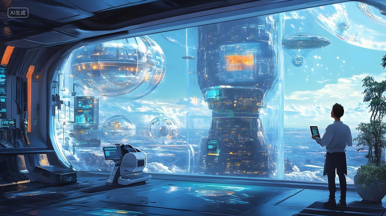 人于未来舱室观窗外科幻都市景观