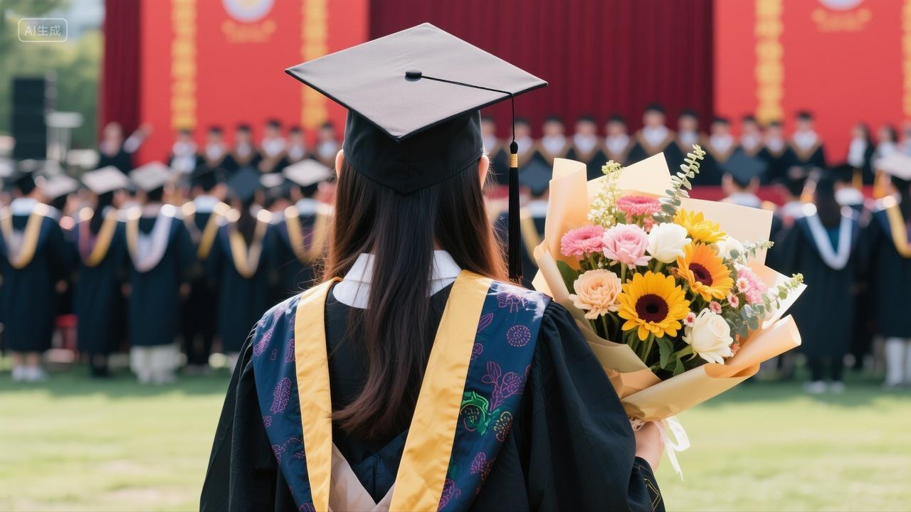 在毕业典礼上年轻女学生手捧一束鲜花