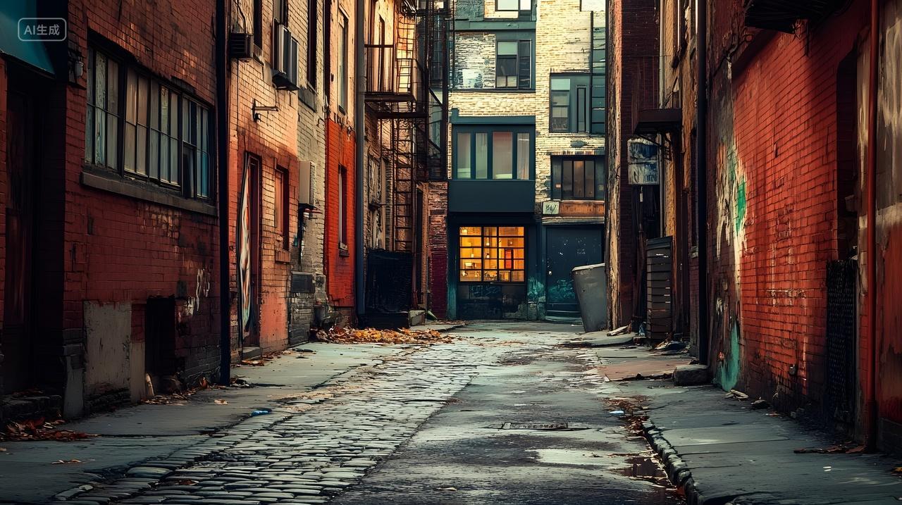 老旧小巷砖石路红砖墙尽头窗含暖光