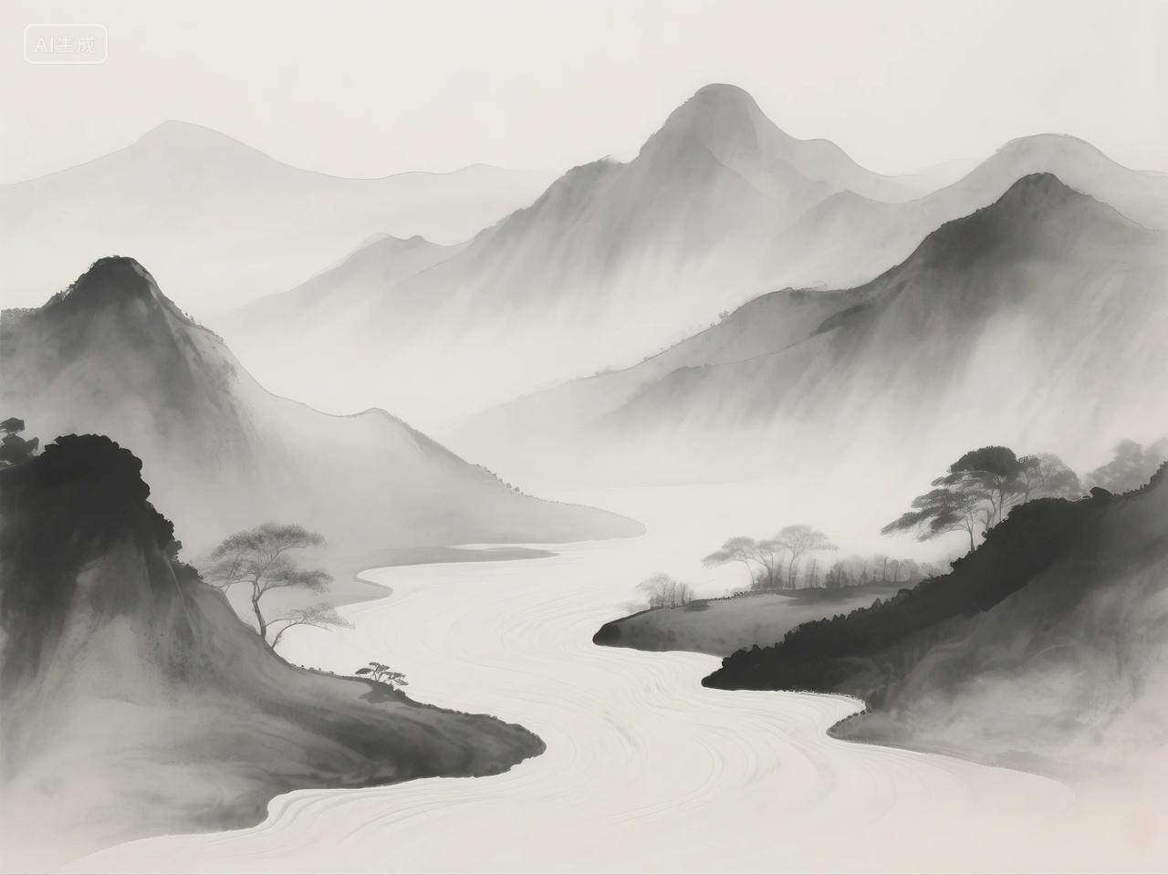 意境禅意淡墨山水装饰画素材