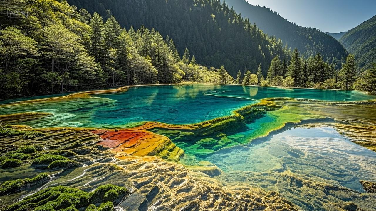 九寨沟五彩斑斓的自然水景