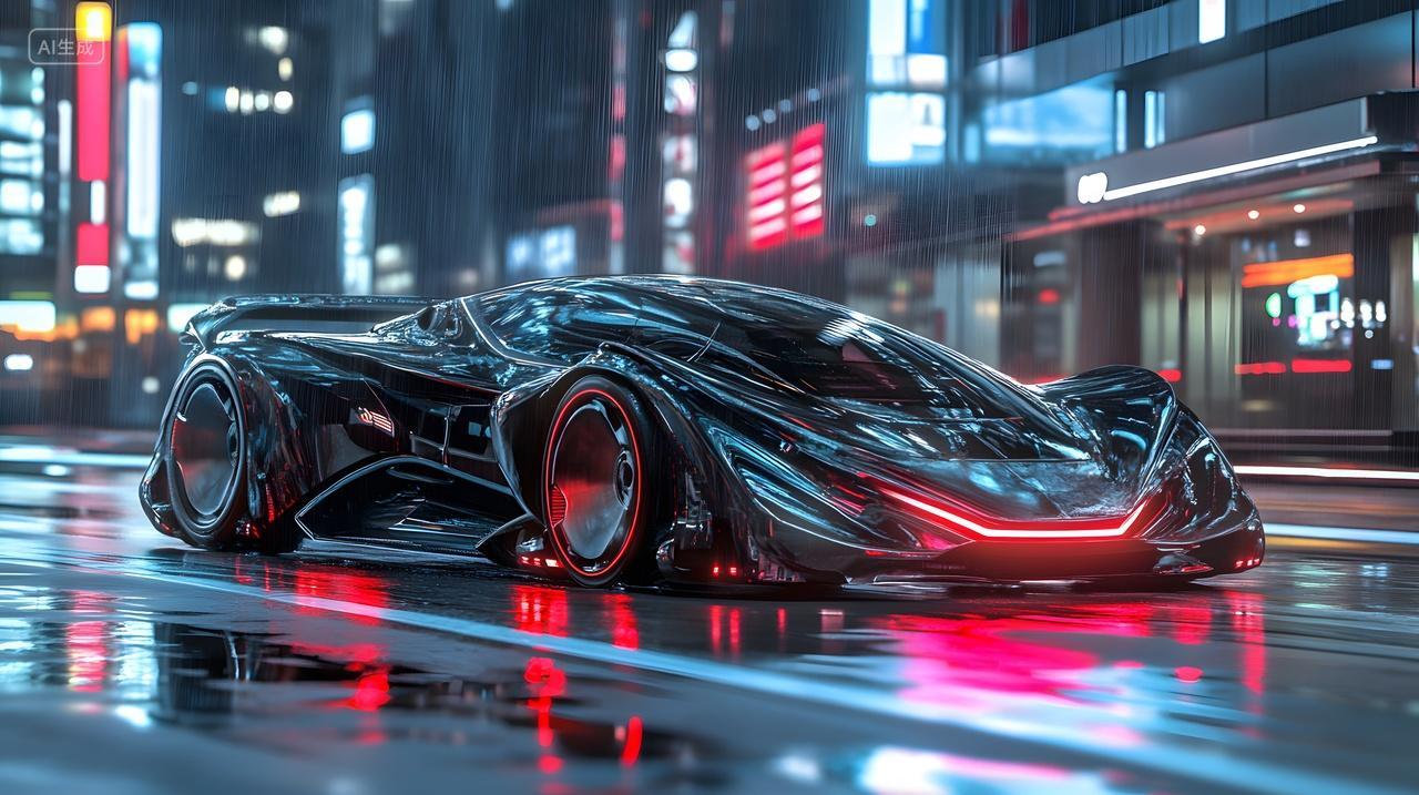 雨夜城市街道科幻超跑闪耀霓虹