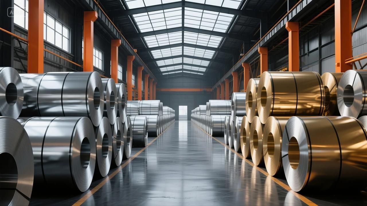 钢铁工业仓库钢卷金属材料制造业背景图