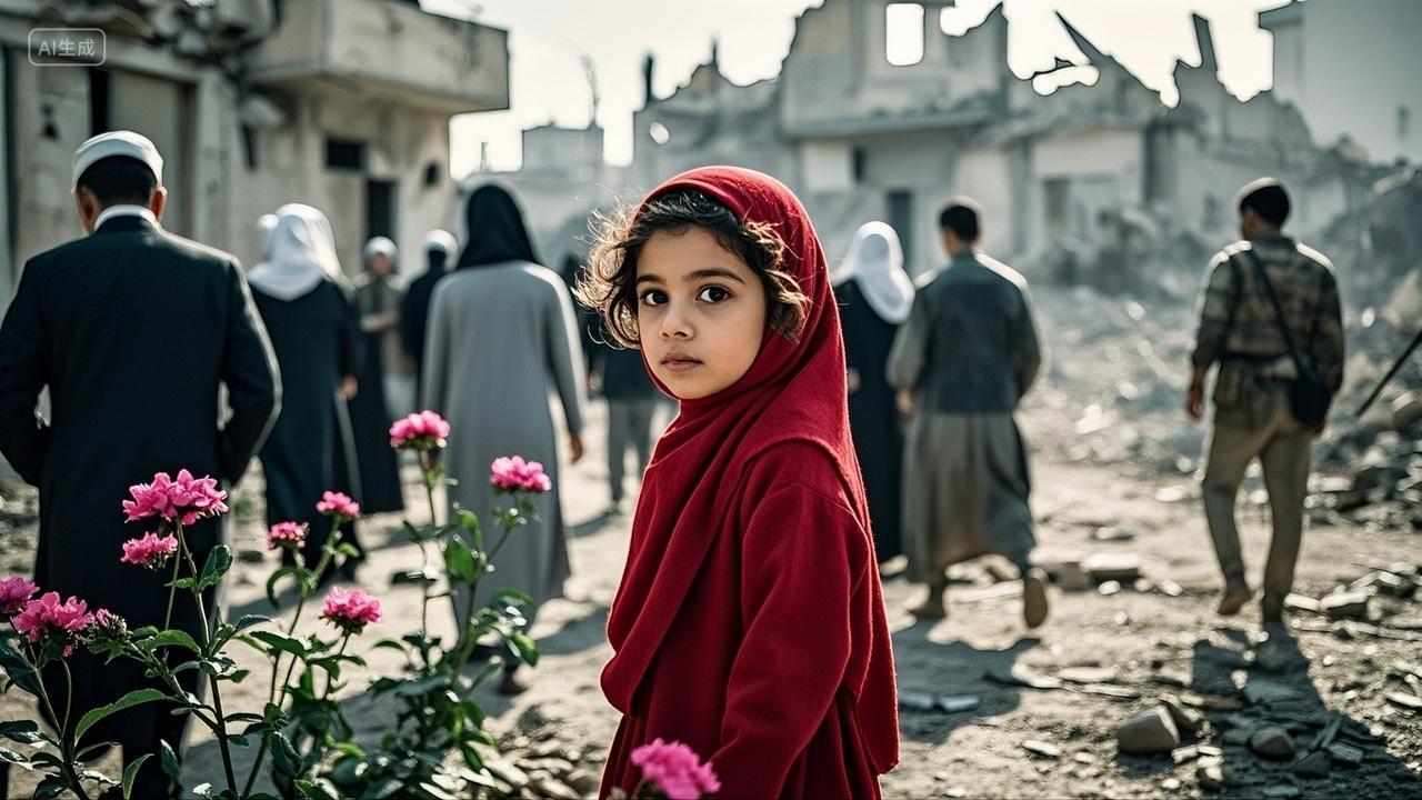 战乱地红衣女孩手持鲜花