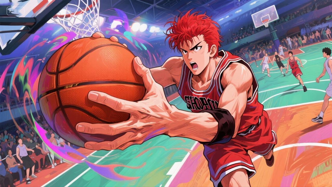 动漫人物篮球场上投篮瞬间