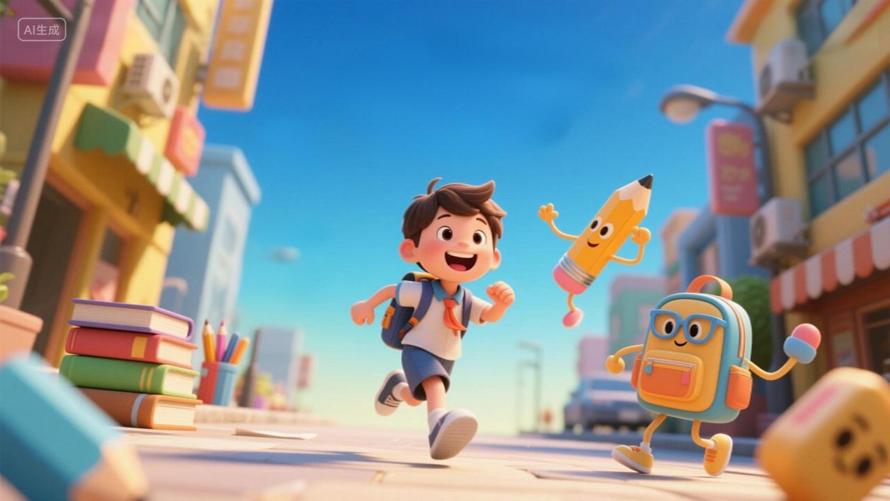 开学季海报小学生背着书包奔跑插画