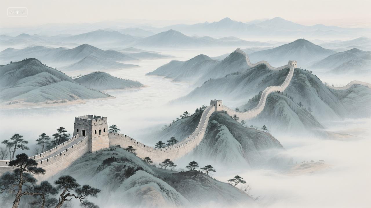 清晨的雄伟长城辽阔山河水墨画