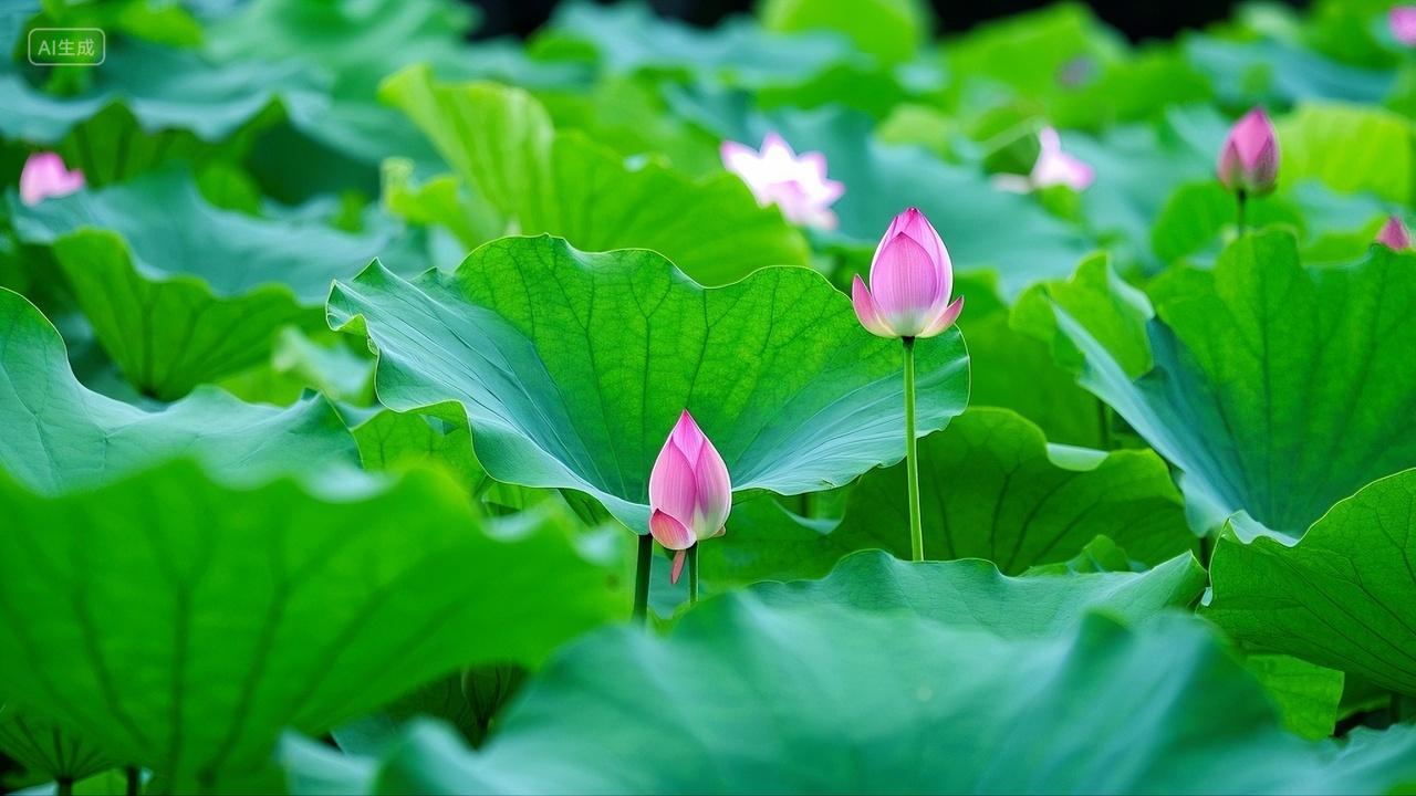 夏季荷塘荷叶荷花花苞自然风景壁纸
