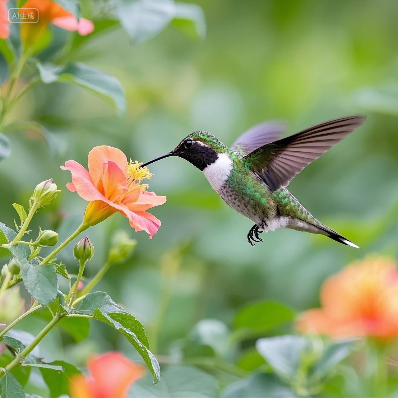 一只蜂鸟在花园中飞行动物