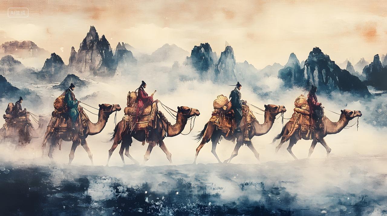 古丝绸之路商队骑骆驼行于山水间