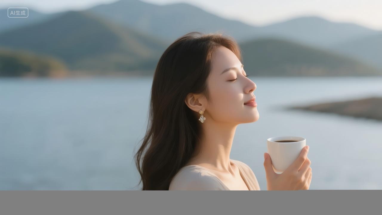 夏至节气湖边喝咖啡女性休闲生活方式背景