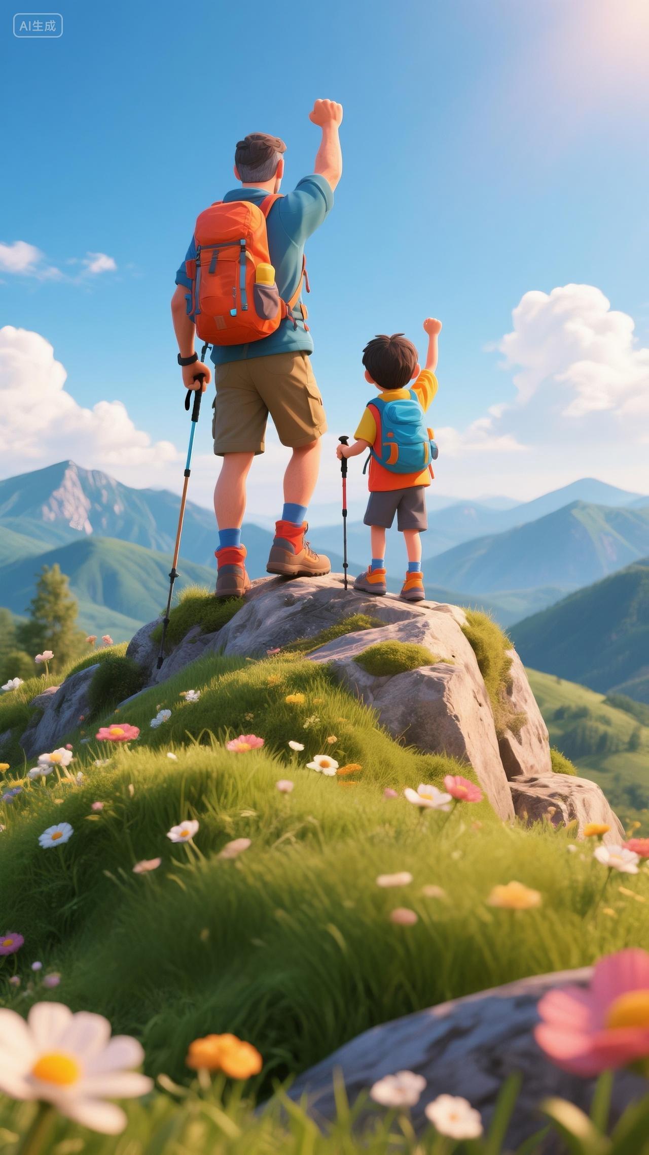 父亲节父子登山海报插画